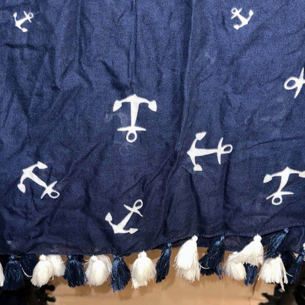 Lands End Large Navy White Nautical Anchor Print Tasseled Scarf Wrap